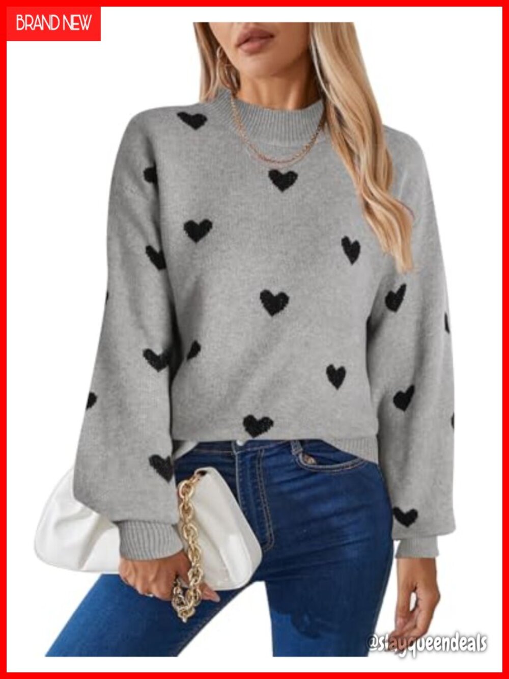 Women's Mock Neck Long Sleeve Heart Sweater Loose Knit Pullover